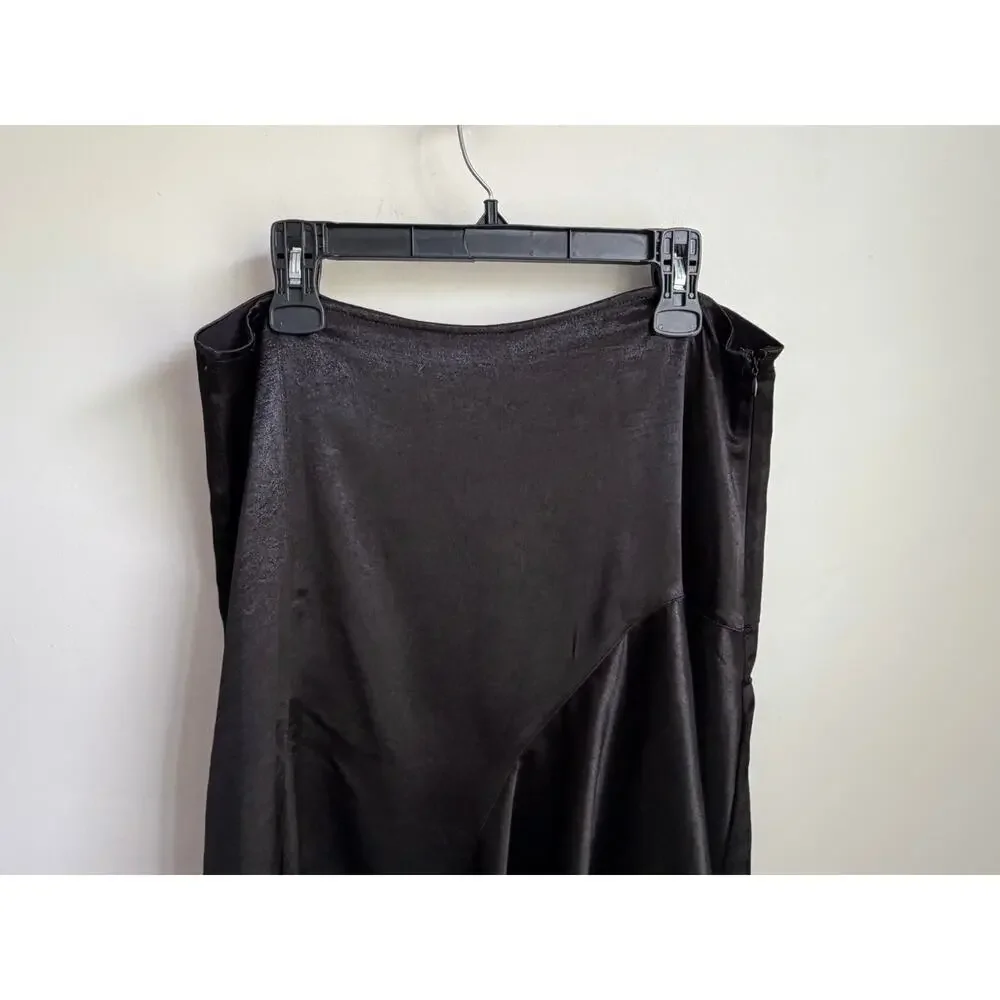 Free People Sunrise Satin Mid-Rise Asymmetrical Midi Skirt Black Womens Size 14